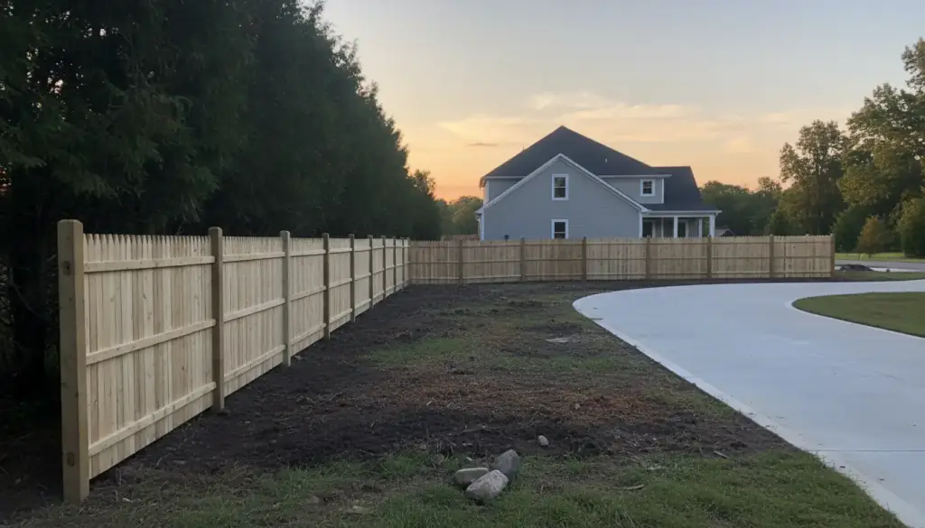 A long board privacy fence enclosing a graded commercial lot on Cape Cod